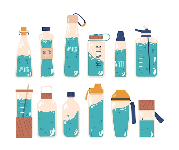 Waterflessen Set Handige en milieuvriendelijke keuze voor dagelijks gebruik omvat meerdere containers van verschillende maten Ideaal voor het blijven gehydrateerd Onthego Cartoon Vector Illustratie