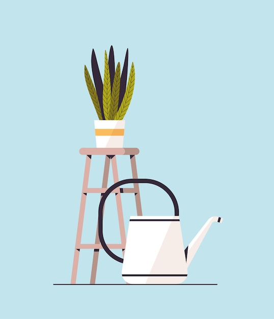 Vector watering can near potted plant planting greenhouse botanical garden concept