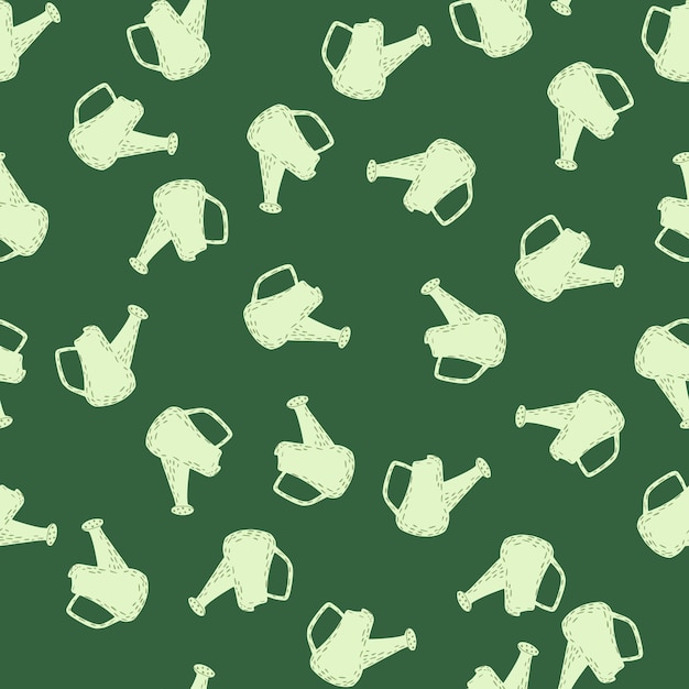 Watering can seamless pattern. Garden background. Repeated texture in doodle style for fabric, wrapping paper, wallpaper, tissue. Vector illustration.