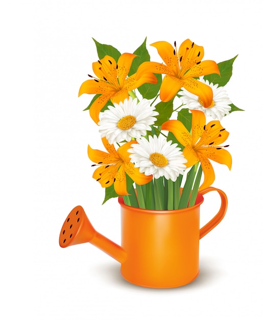 Watering can with a bouquet of flowers. 