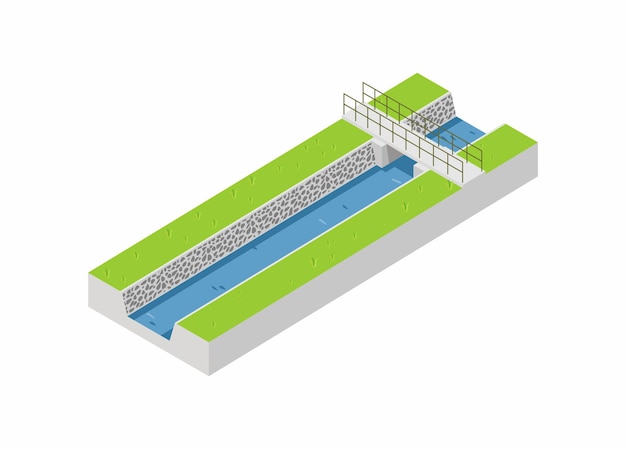 Waterkanaal met kleine betonnen brug Eenvoudige platte illustratie in isometrische weergave