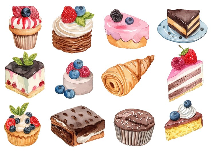 Vector waterkleur cupcakes set vector met verschillende soorten cupcakes aardbeien blauwe bessen chocolade citrus framboos geïsoleerd gebruik voor verschillende ontwerpen van menu reclame café enz