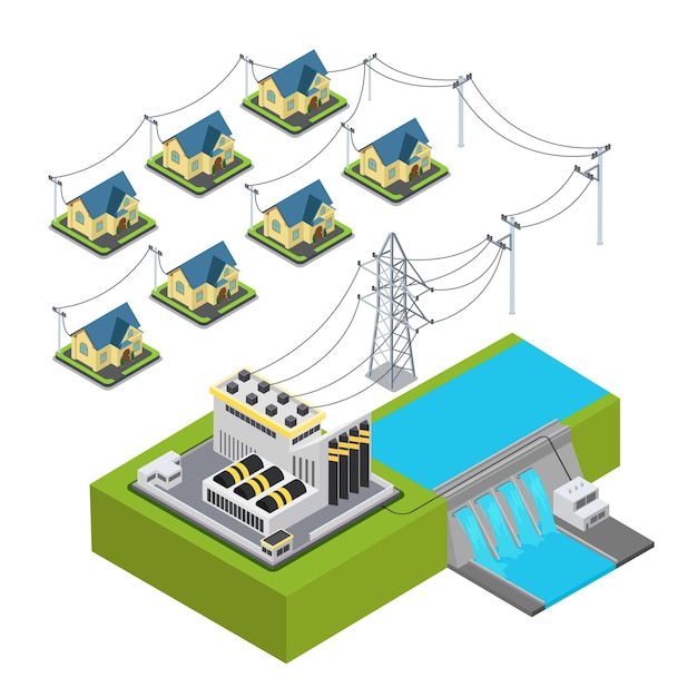 Waterkrachtcentrale energie hydrostation groen dorp leveringscyclus infographic concept.