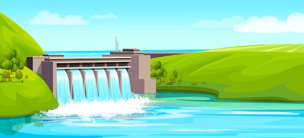 Vector waterkrachtcentrale rivierwater hernieuwbare energiebron elektriciteit industriële technologie fabriek natuurlandschap vectorillustratie