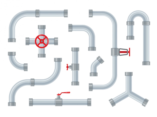 Waterleidingen. Stalen en kunststof verbindingsstukken voor buizen. Pijpleidingonderdelen, kleppen en sanitair geïsoleerd. Set industriële afvoersystemen in een trendy vlakke stijl.
