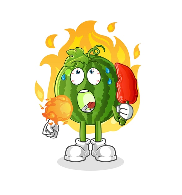 Watermeloen eet hete chili-mascotte. cartoon vector