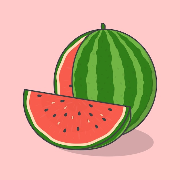 Watermeloen Fruit Cartoon Vector Illustratie Segment En Hele Watermeloen Flat Icon Outline