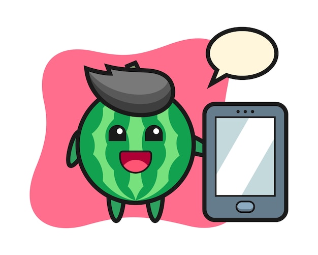Watermeloen illustratie cartoon met een smartphone