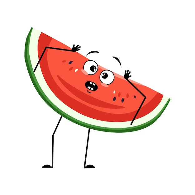 Watermeloen karakter met emoties in paniek grijpt zijn hoofd verrast gezicht geschokt ogen armen en benen Persoon met bang expressie fruit emoticon platte vectorillustratie