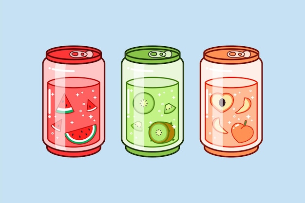 Vector watermeloen kiwi en peach soda can crystal glass tekening illustratie vector