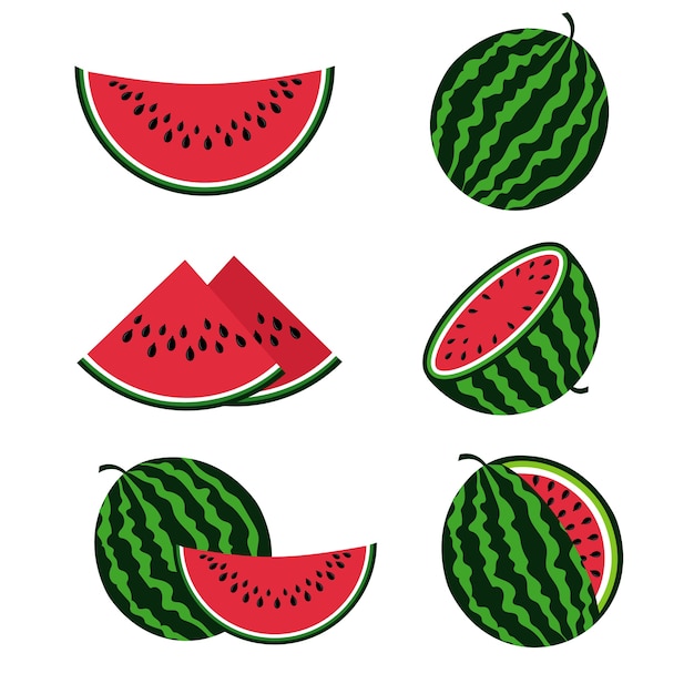 Watermeloenen en watermeloen plakjes platte cartoon vector set