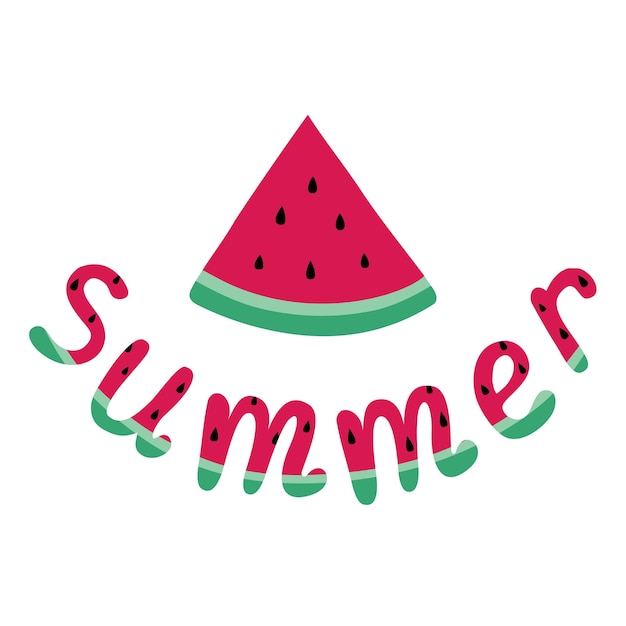 Watermeloenschijfje met zomerletters Vectorillustratie in handgetekende stijl Leuke zomerfruit lett