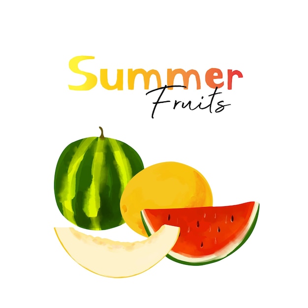 Иллюстрация арбуза и дыни с текстом летние фрукты