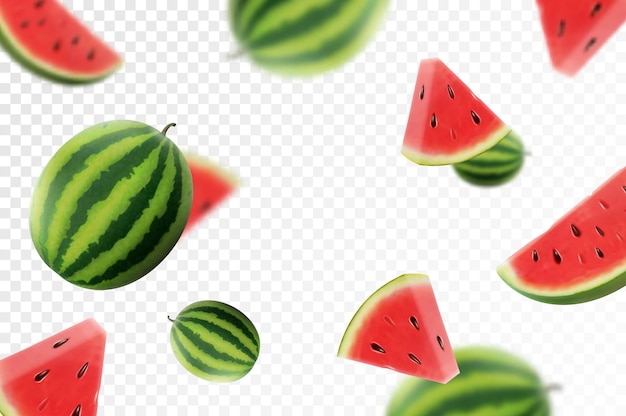 Watermelon background Flying whole and sliced watermelon fruits with blurry effect Can be used for advertising packaging banner poster print Realistic 3d vector design