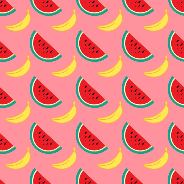 A watermelon and banana pattern on a pink background