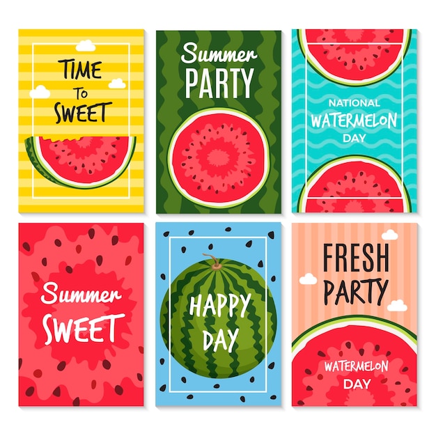 Vector watermelon banners holiday decorated cards with sliced fresh healthy fruits watermelon and place for text recent vector templates of watermelon summer banner and card design illustration