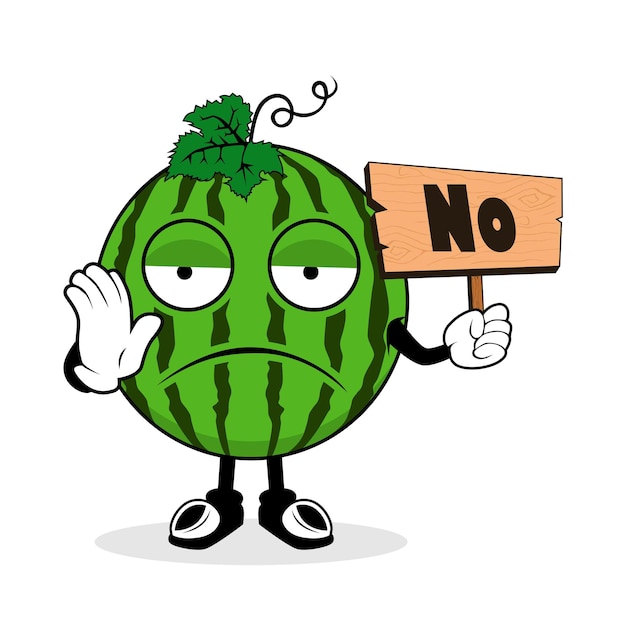 Watermelon Cartoon Mascot holding up a wood sign with word NO