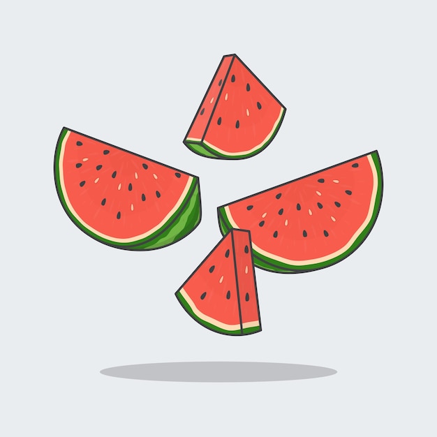 Vector watermelon cartoon vector illustration falling sliced watermelon flat icon outline flying watermelon