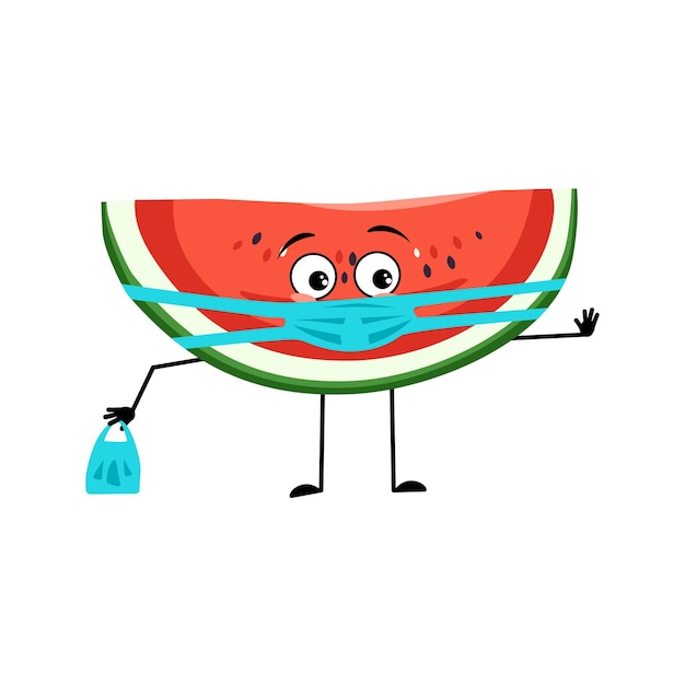 Watermelon character with sad emotions face and mask keep distance hands with shopping bag and stop gesture Person with care expression fruit emoticon Vector flat illustration