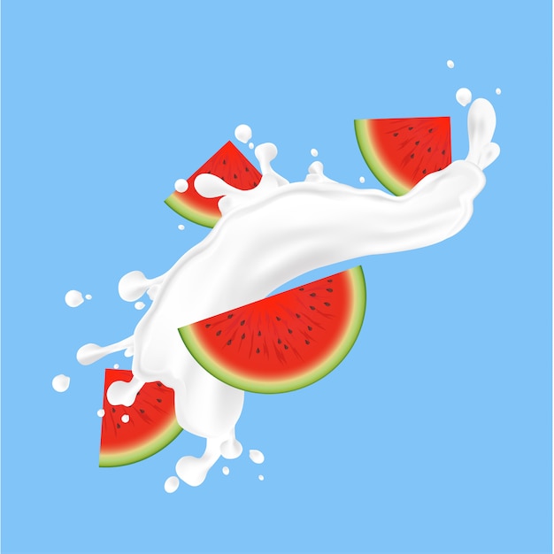 Watermelon fruit and splashes of milk