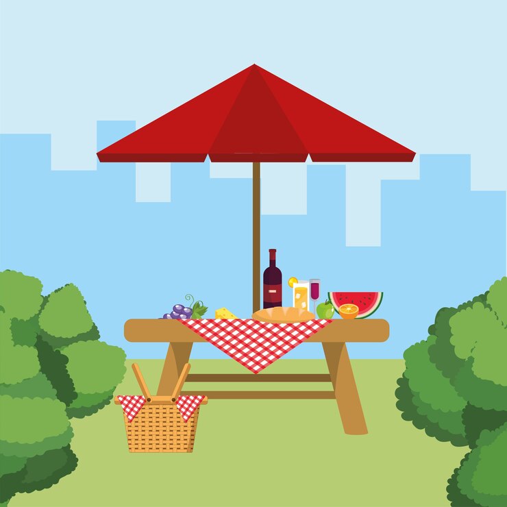 Vector watermelon fruit and wine in the table with umbrella