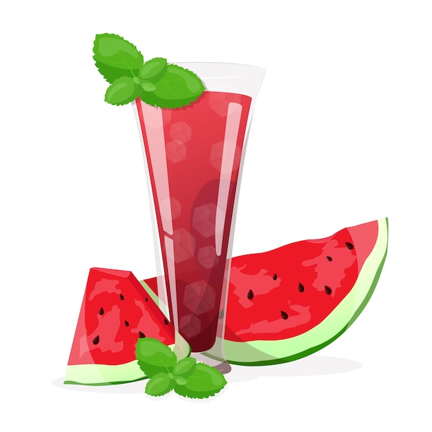 Vector watermelon juicy slices and juice with mint leaves red watermelon vector illustration in flat cart