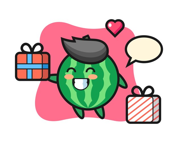 Vector watermelon mascot cartoon giving the gift