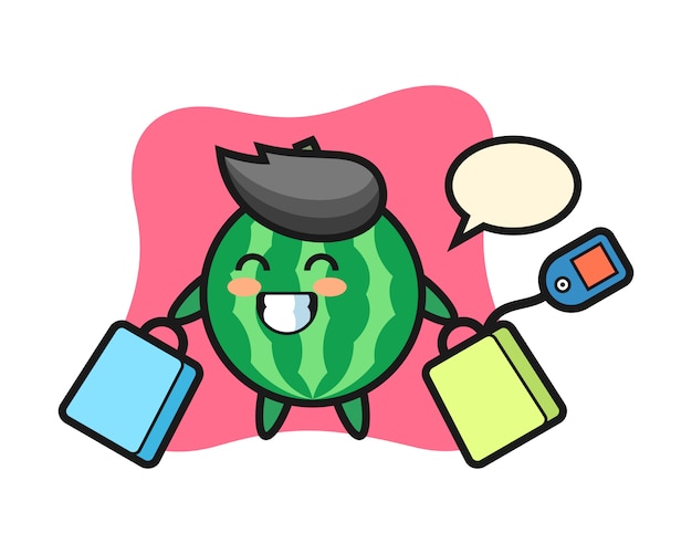 Watermelon mascot cartoon holding a shopping bag