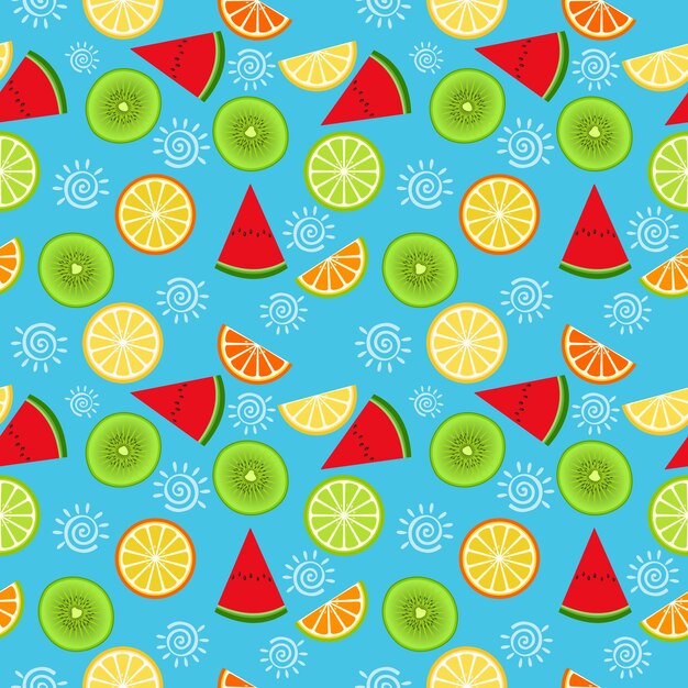 Watermelon, orange, lemon and kiwi slices seamless pattern.