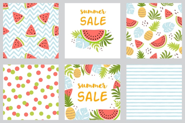 Watermelon set Summer seamless patterns cards Pineapple watermelon palm tropical leaves posters Summer sale text