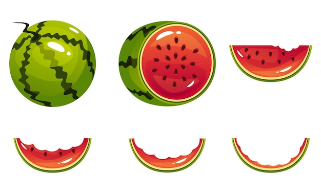 Watermelon slice eat steps stage bitten piece isolated set flat graphic design element