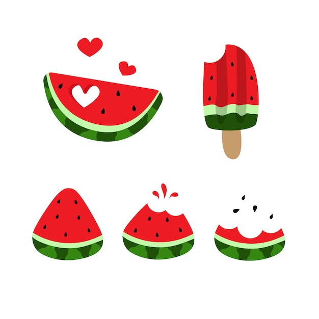 Vector watermelon slice eat steps stage gebeten stuk geïsoleerd set vector cute cartoon illustratie