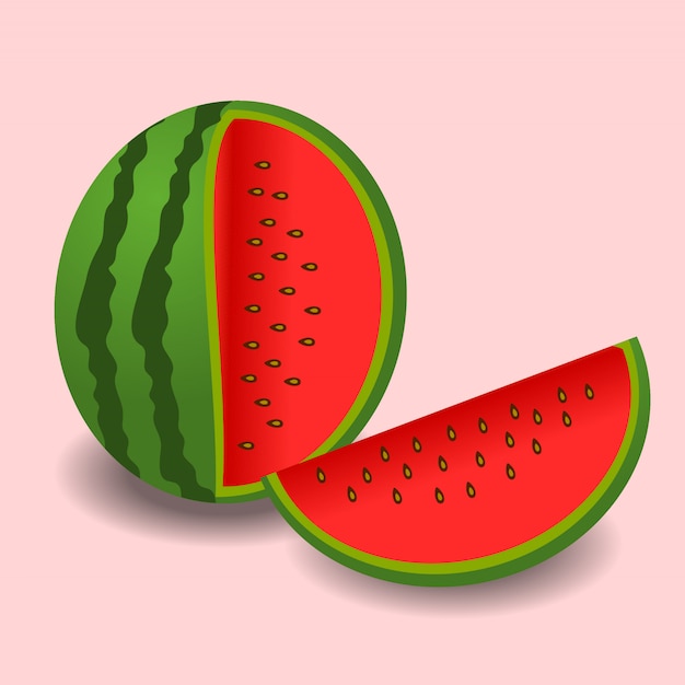 Watermelon slice with seeds isolated on color background.