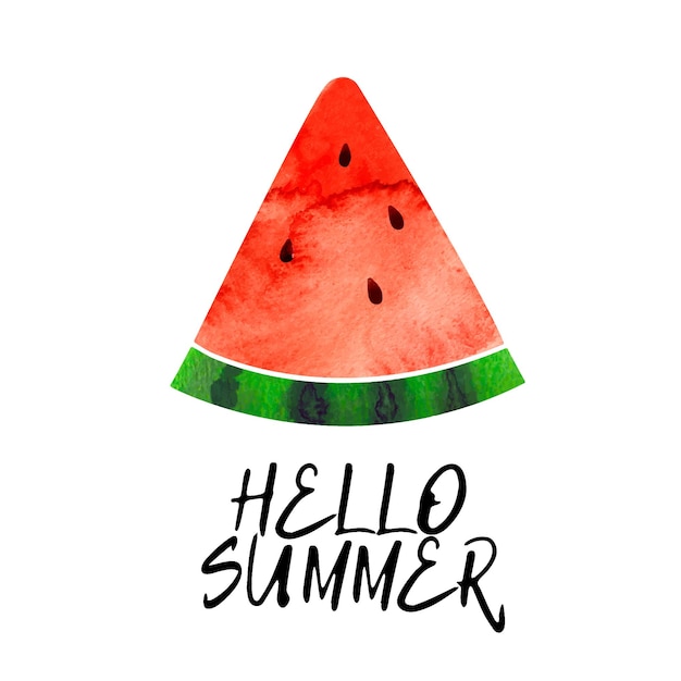 Ломтики арбуза watecolor иллюстрации, изолированные на белом фоне с текстом Hello Summer