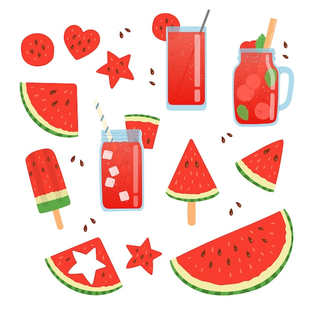 Watermelon summer set flat design vector illustration