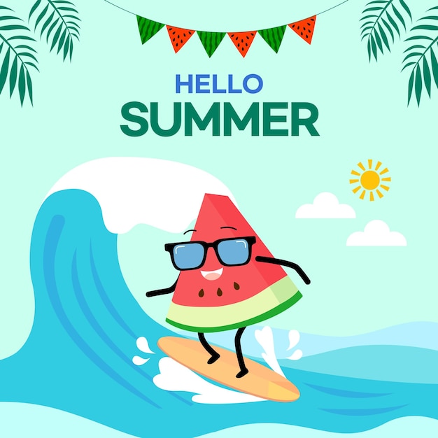 Hello Summer라는 단어가 적힌 파도 위에서 서핑하는 수박.