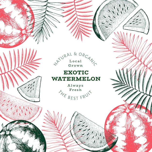 Watermelon and tropical leaves label template.