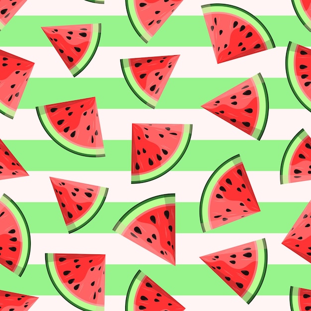 Watermelon vector seamless pattern Cut slices on white and green striped background