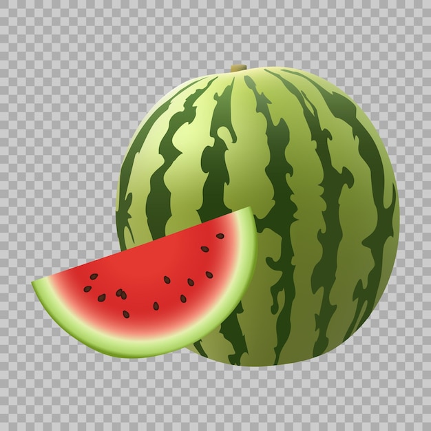 A watermelon with a slice cut out on transparent background