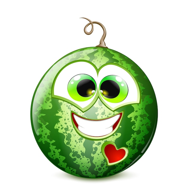 Vector watermelon with a wide smile, funny cartoon character with heart hole