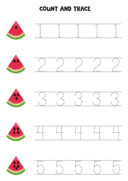 Vector watermelon zaden tellen trace nummers 15 werkblad voor kinderen