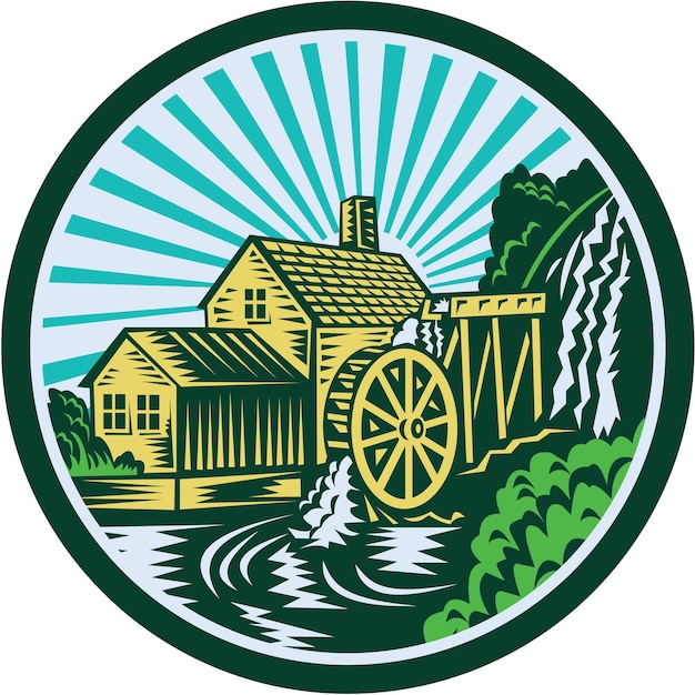 Vector watermill house circle retro