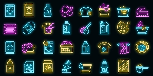 Waterontharder pictogrammen instellen. overzicht set van wasverzachter vector iconen neon kleur op zwart