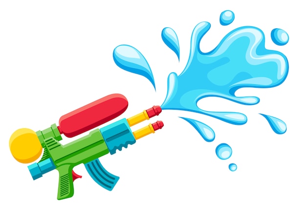 Waterpistool illustratie. plastic zomerspeelgoed. kleurrijk voor kinderen. pistool met waterspetters. illustratie op witte achtergrond
