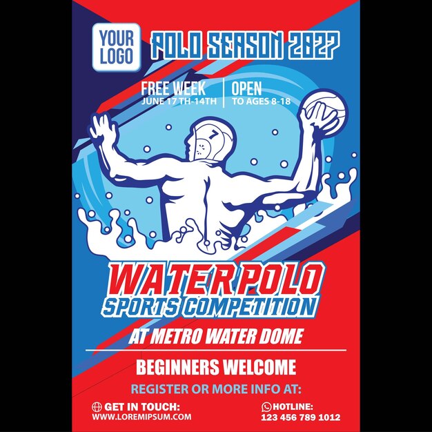 Vector waterpolo flyer poster pamphlet sportwedstrijd a4 a3 papiergrootte ontwerp