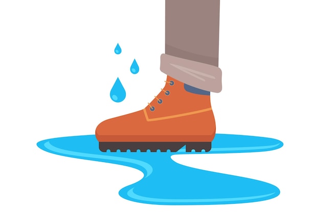 Vector waterproof boots for autumn weather. puddle of water on the ground. flat vector illustration.