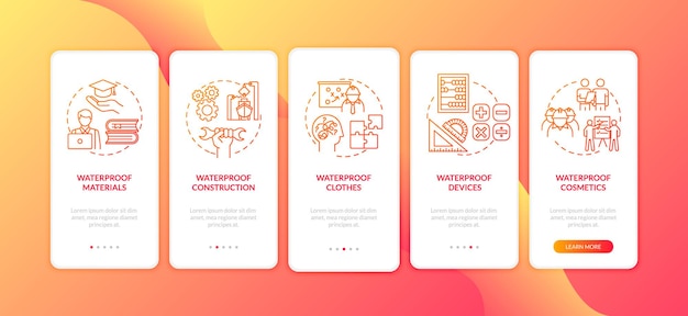 Waterproof constructions onboarding mobile app page screen with concepts set. Water protection material walkthrough 5 steps graphic instructions. UI vector template with RGB color illustrations