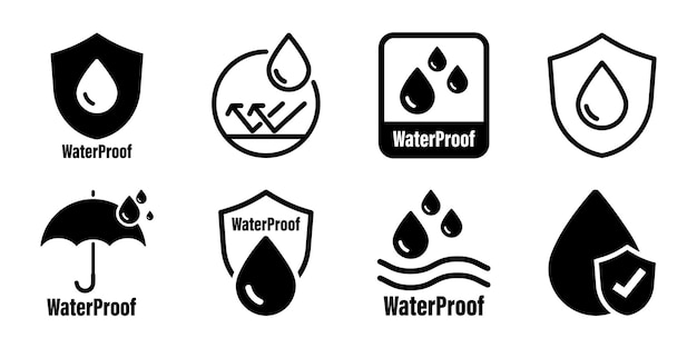 Vector waterproof icons water proof collection of water resistant signs water protection liquid proof protection shield with water drop anti wetting material hydrophobic fabric surface protection