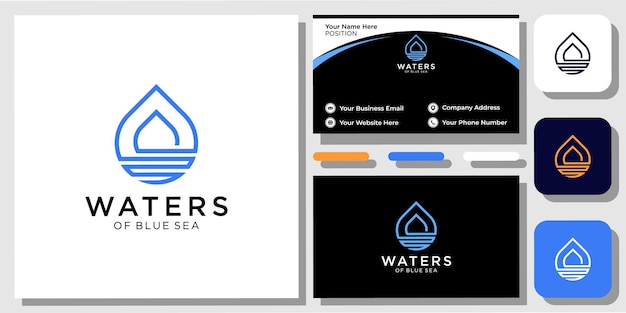 비즈니스 카드 템플릿으로 둥근 푸른 바다 물방울 윤곽선의 바다