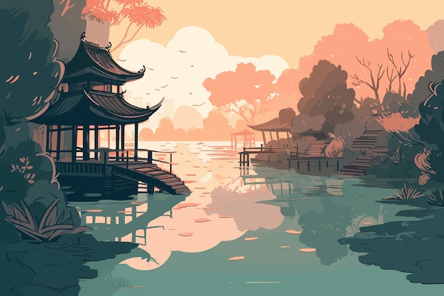 Vettore waterside wonder un'illustrazione arancione chiaro e ciano di un lago con un tempio